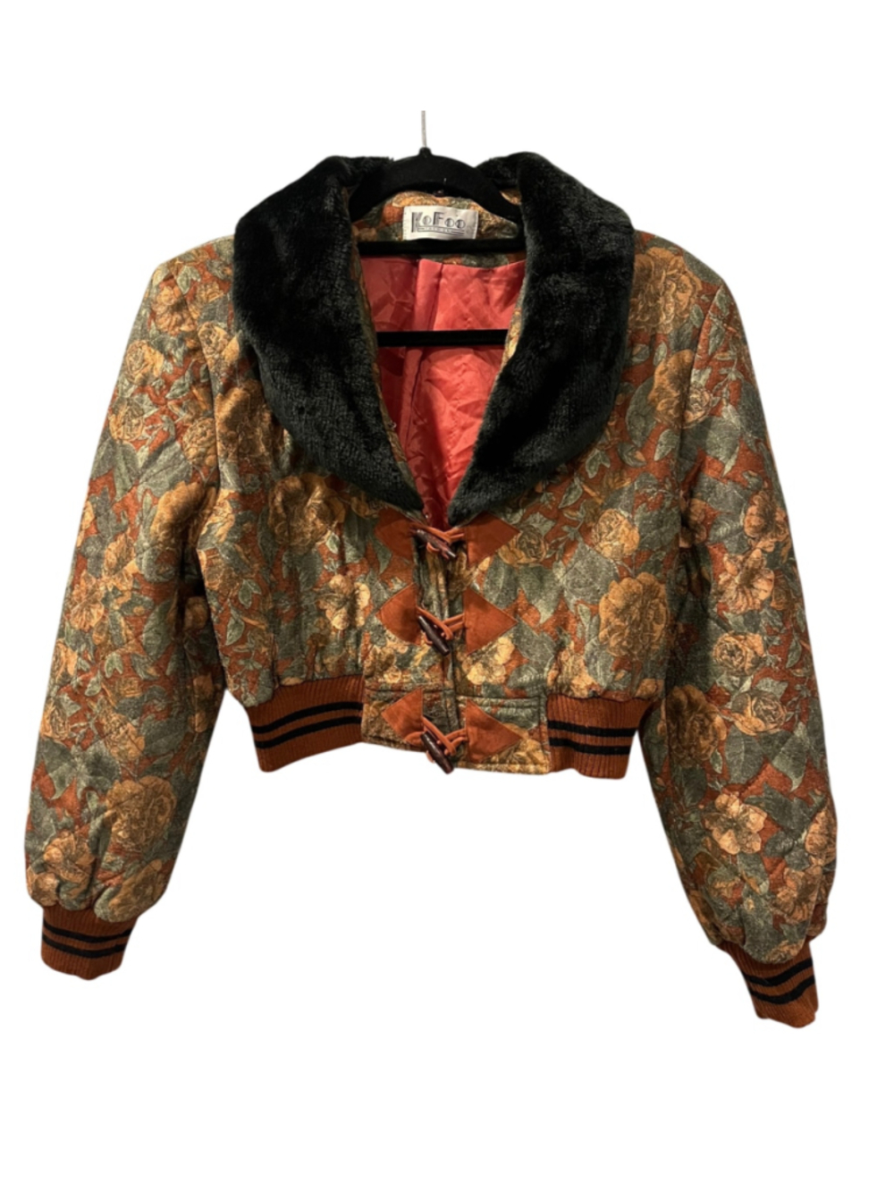Vtg 80s 90s Kofoo Cropped Tapestry Bomber Jacket Faux Fur Collar Floral Size S/M